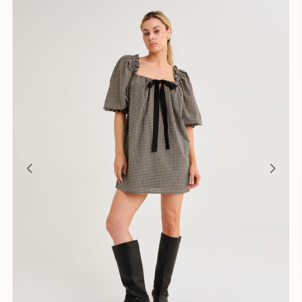 Rumored Gingham Puff-Sleeve Mini Dress - Black & Cream